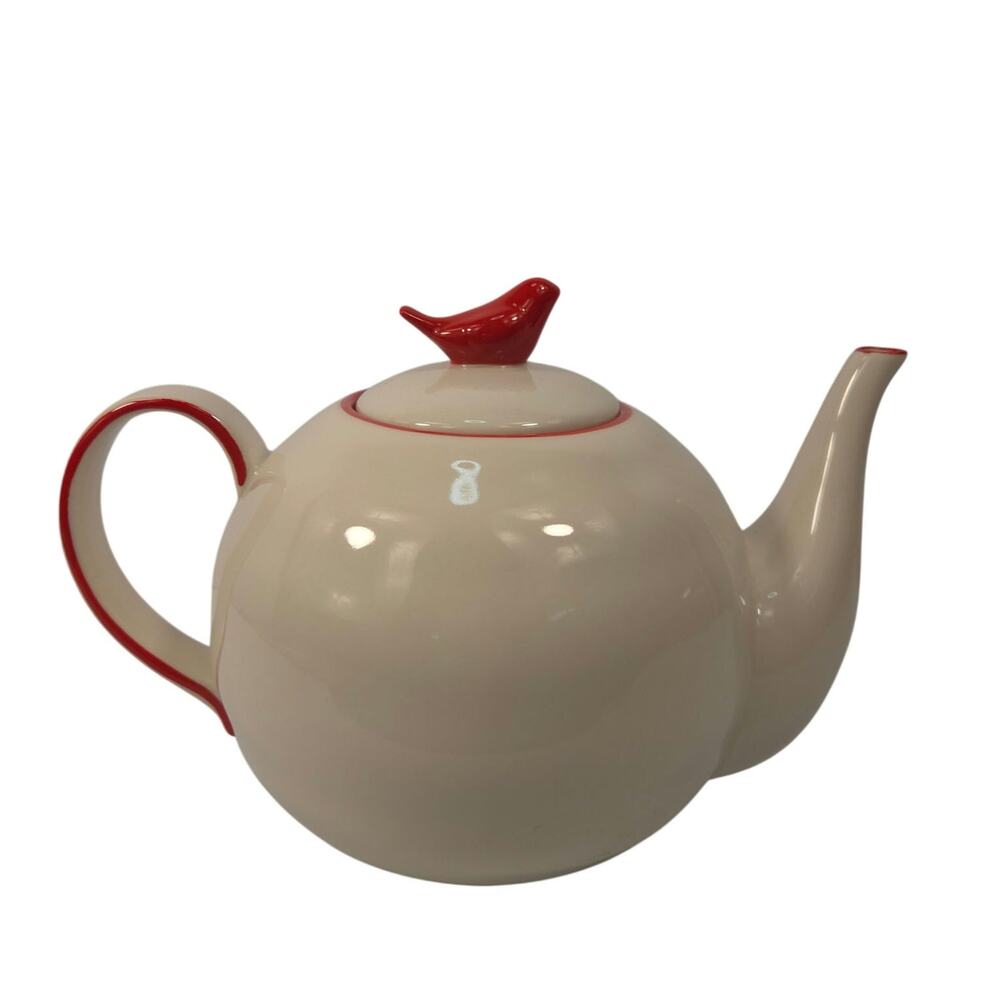 Tag Ceramic Teapot White Cream Red Bird Finial Farmhouse Cottage Home Decor